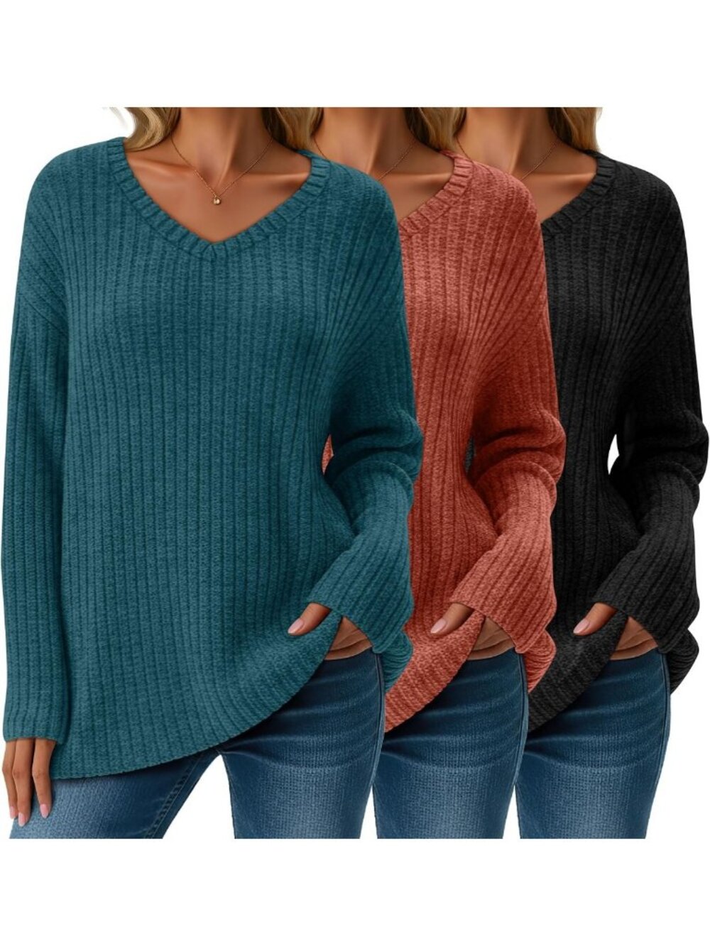 Cozy 3-Pack Women's Ribbed Long Sleeve V-Neck Sweaters - Stylish & Versatile
